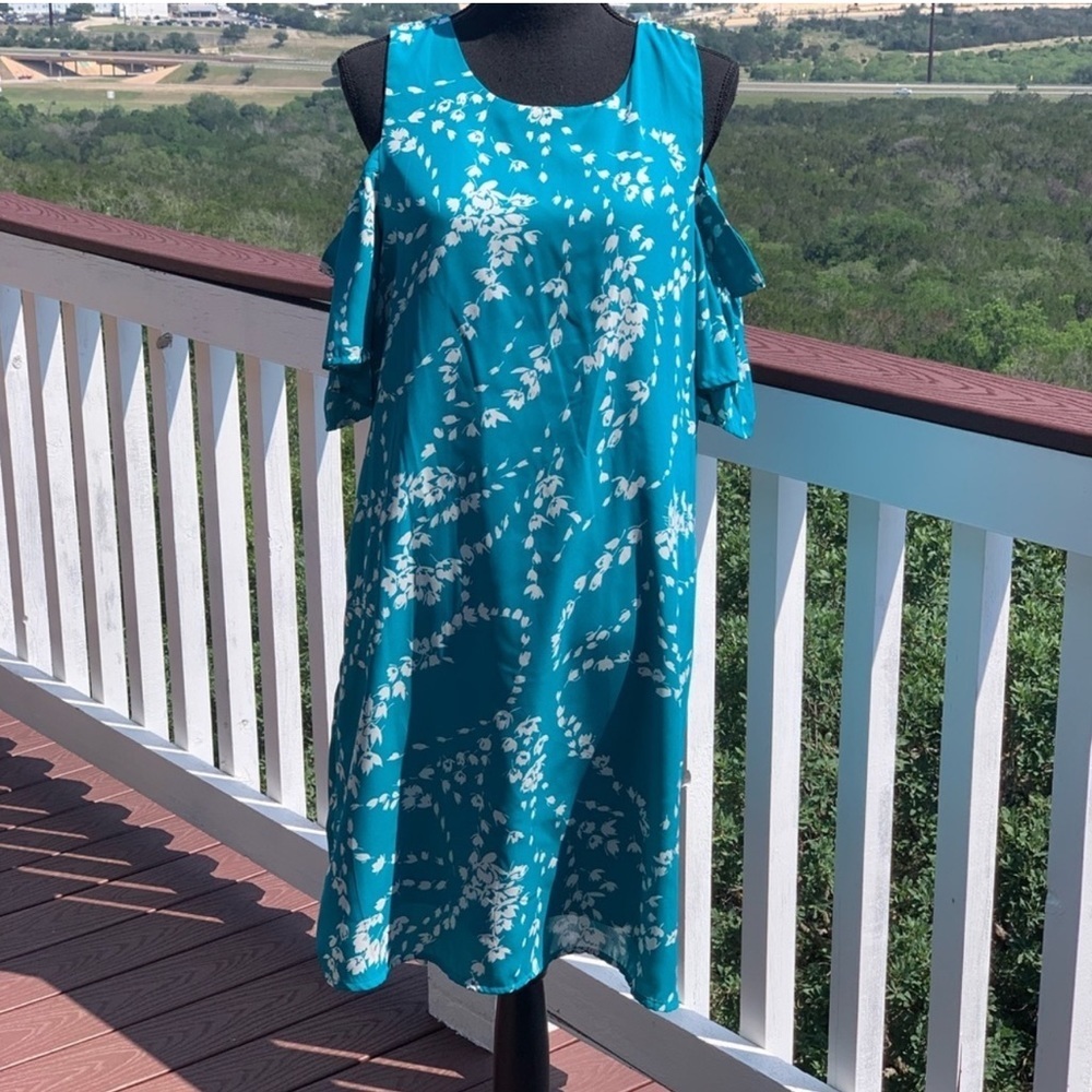 City Streets Cold Shoulder Blue Floral Dress